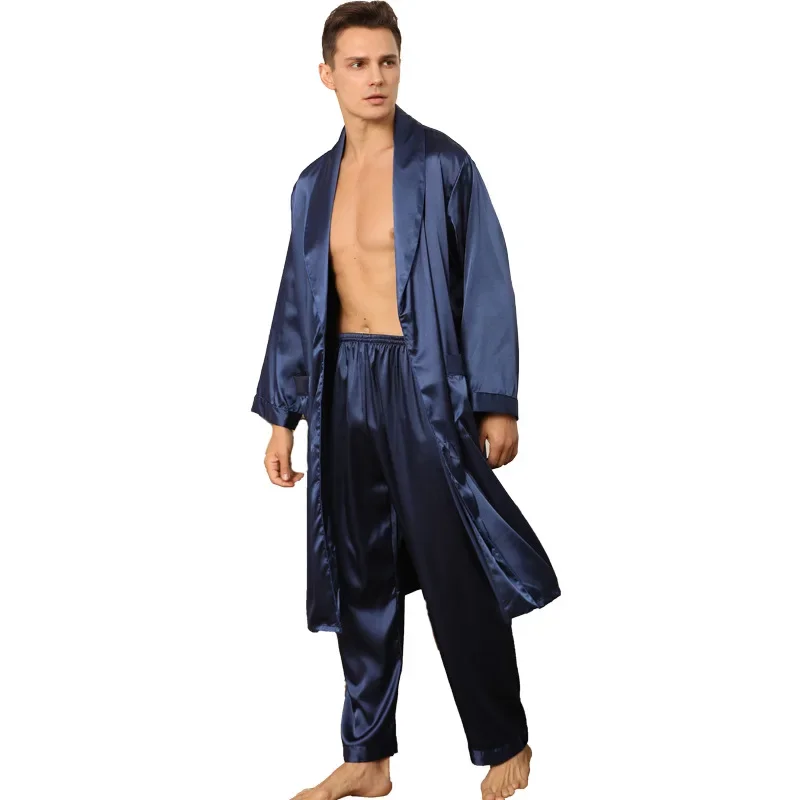 7XL Two-Piece Men Bathrobe Shorts Suit Silk Sleepwear for Men Kimono Home Soft Cozy Long-sleeved Bath Gown Robe Pants Pajama Set