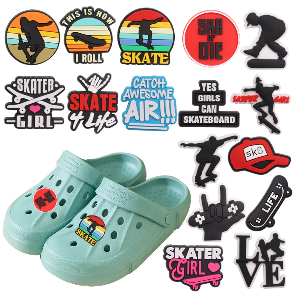 Sell Retail 1-16pcs PVC Shoe Charms Sports Skateboarding Cool Boy PVC Accessories Shoes Buckles Fit Wristbands Kids Party Gift