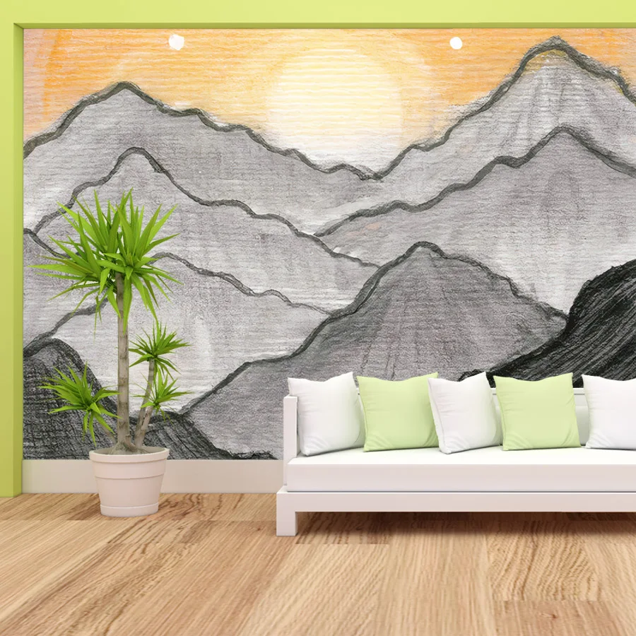12+ Watercolor Drawing Mountain Aesthetic Photo Wallpaper, Self Adhesive Optional, Landscape TV Walls Home Decor for Living Room
