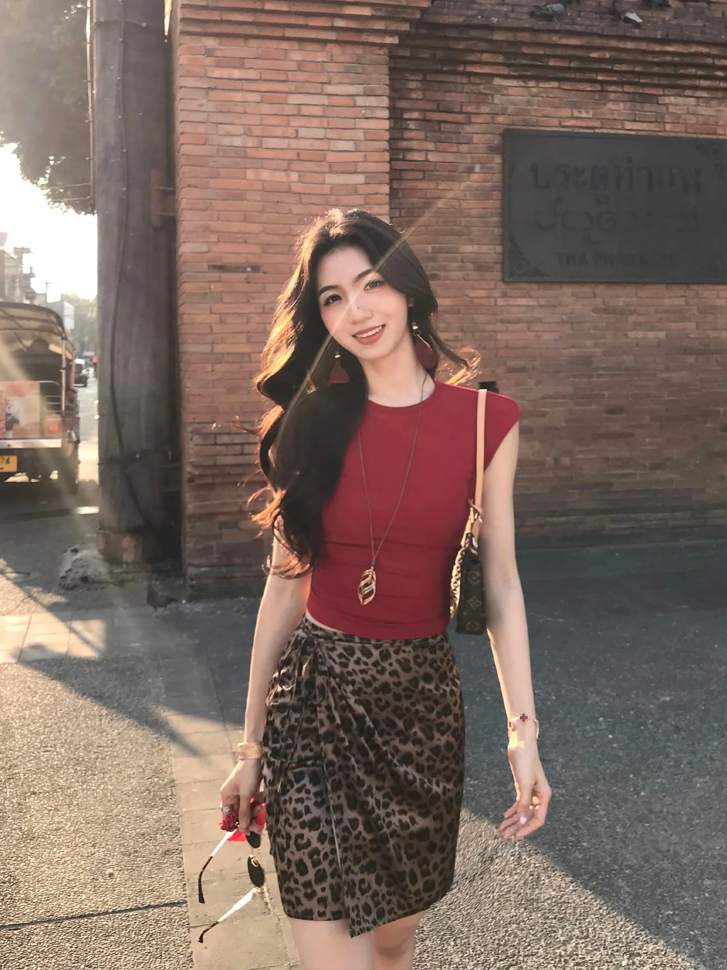 Wild Elegance Retro Leopard Print A-Line Belted  Skirt Women Slim Straight Tube Skirt Casual Style Polyester Fiber Skirt