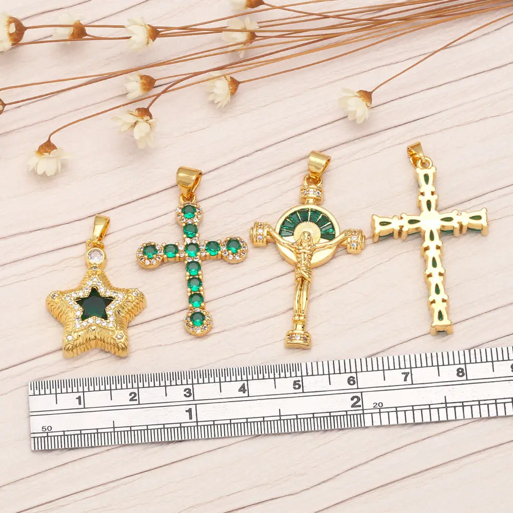 OCESRIO Green CZ Cross Necklace Pendant Copper Gold Plated Crucifix Lucky Star Pendant for Jewelry Making cruz colgante pdta853