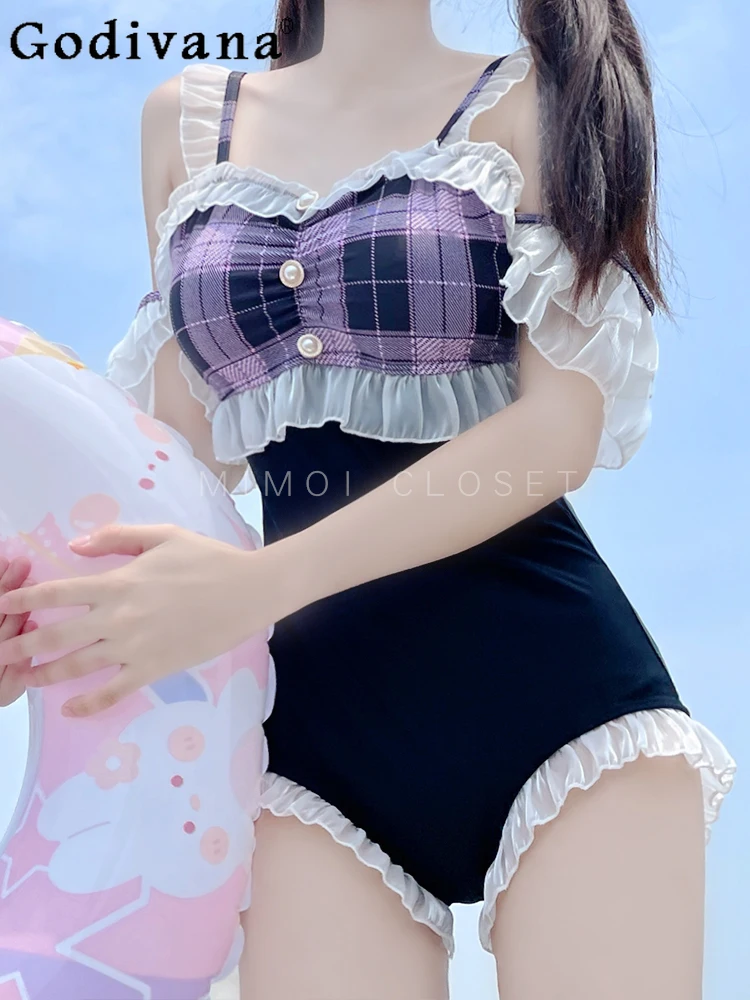 

Japanese Sweet Cute Girly Ruffled Edge One-Piece Lolita Swimsuit 2024 Summer New Fashion Slim-Fit Elegant Plaid Swimwear Women