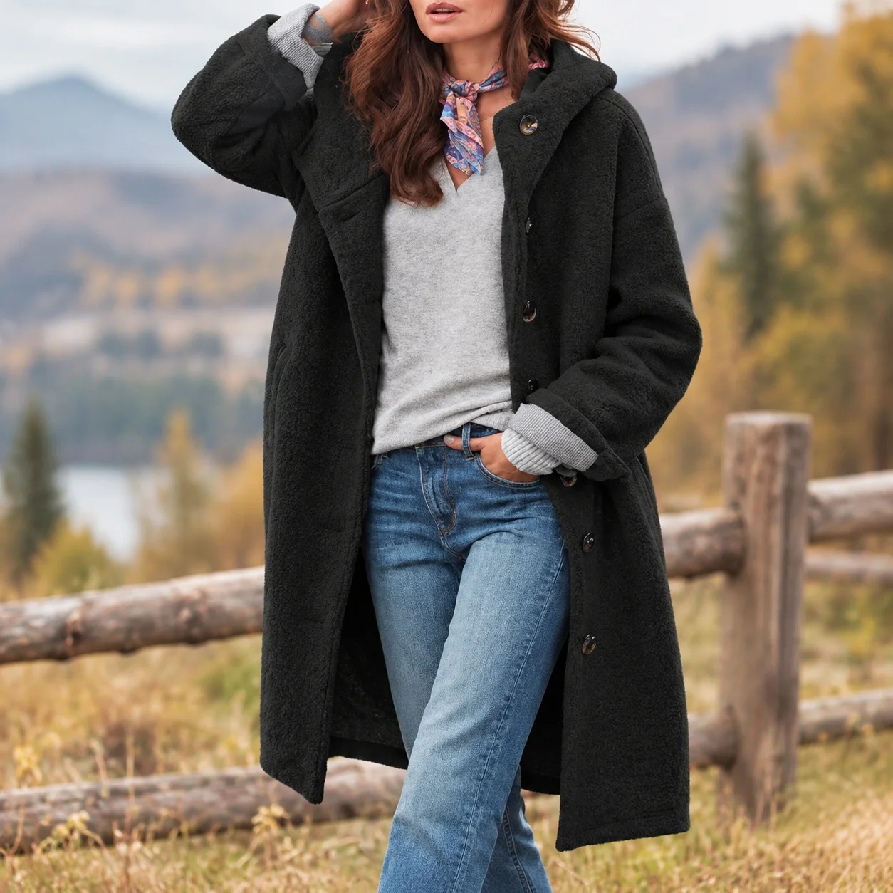 Hooded Coat Casual Long Length Commuter Chic with Single Breasted Multi Button Trench Coat Pocket Autumn Winter for Women