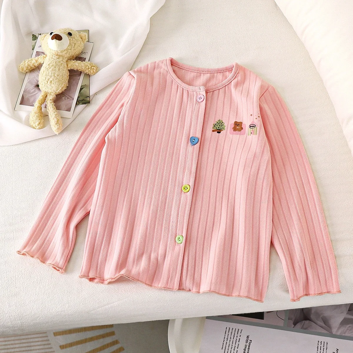 Girls' Base Shirt Long Sleeved Soft Cardigan Children's Cartoon Solid Color Buckle Jacket Baby Children's Clothing
