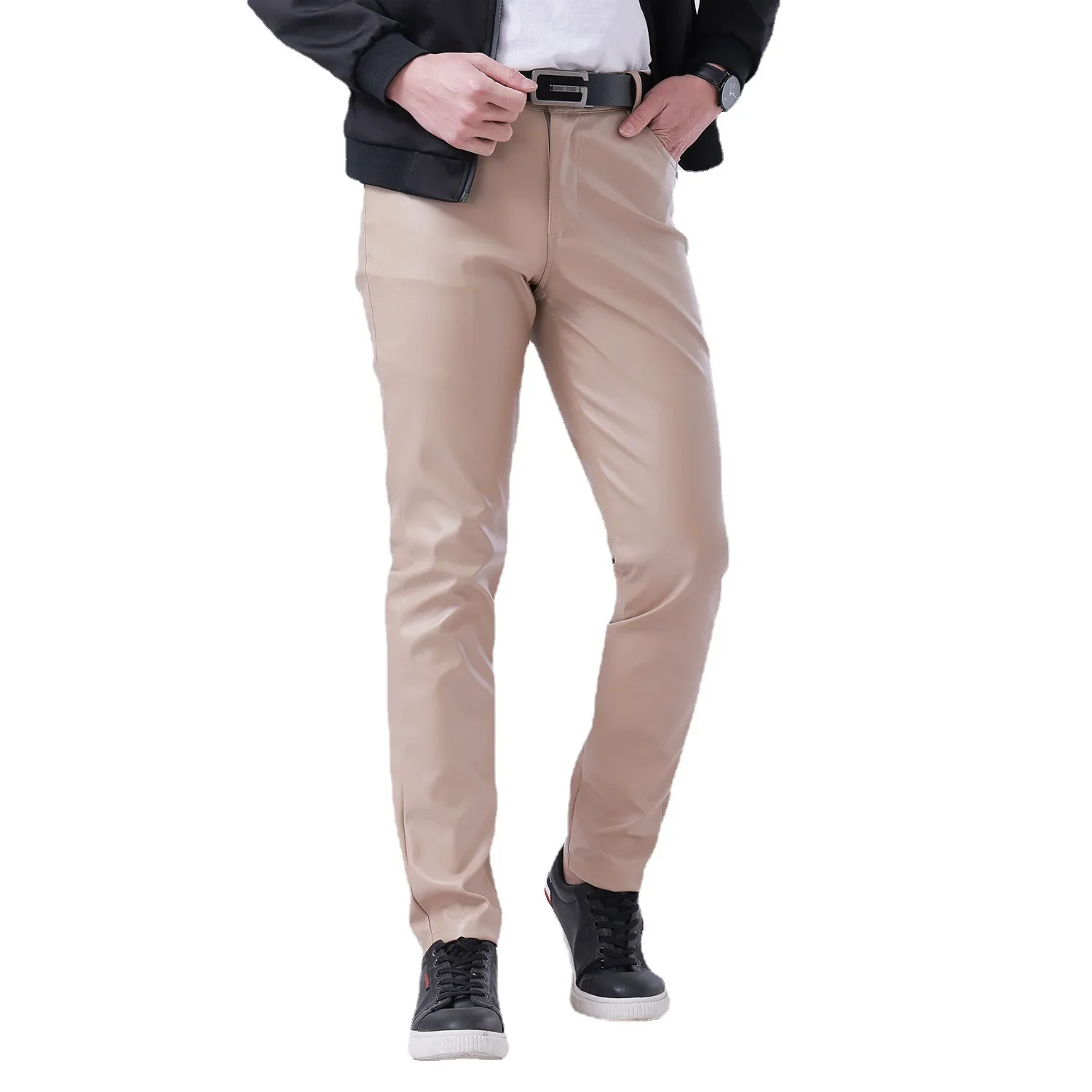 Spring Summer Thin Youth Mens Leather Pants Stretch Slim Fit Fashion Color White Bar Leather Pants for Men
