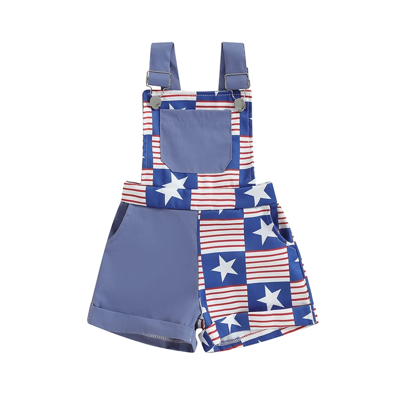 

Kids Cute American Flag Overalls Independence Day Patriotic Pocket Adjustable Straps Short Jumpsuit