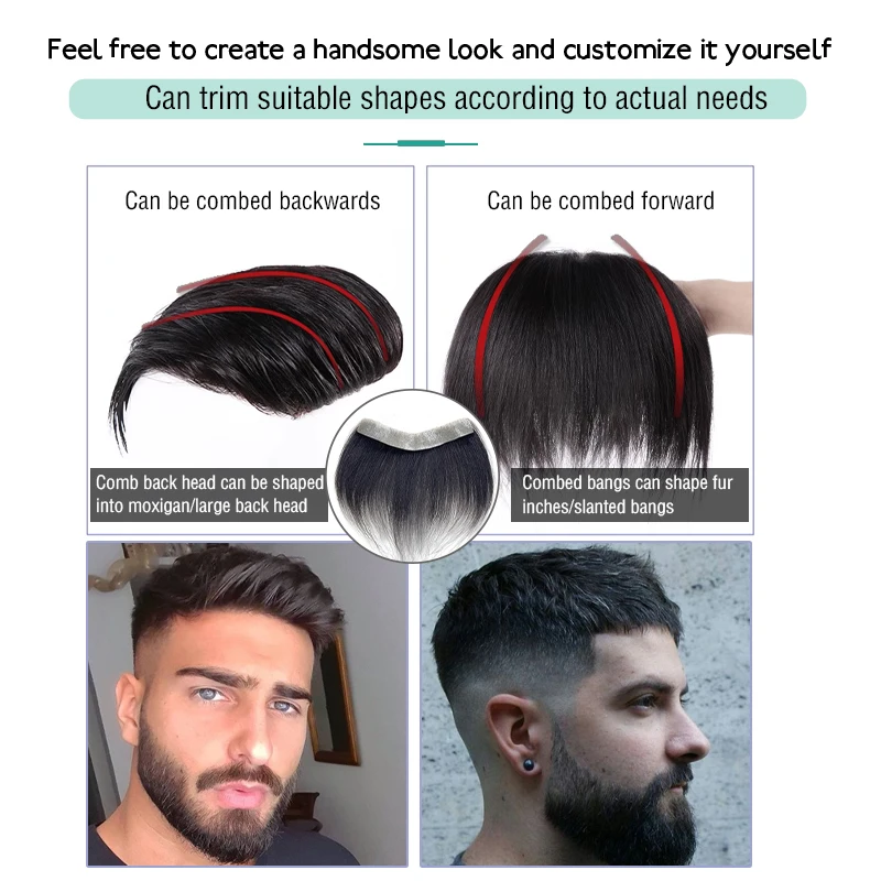 Homens v loop frente peruca linha fina frente 100% cabelo humano natural sistema de substituição masculino pu extensões invisíveis