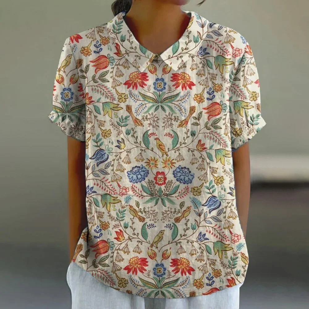 

Lightweight Linen Shirt Floral Print Women's Casual Blouse for Office Vacation Short Sleeve Lapel Pullover Tops with Loose Fit