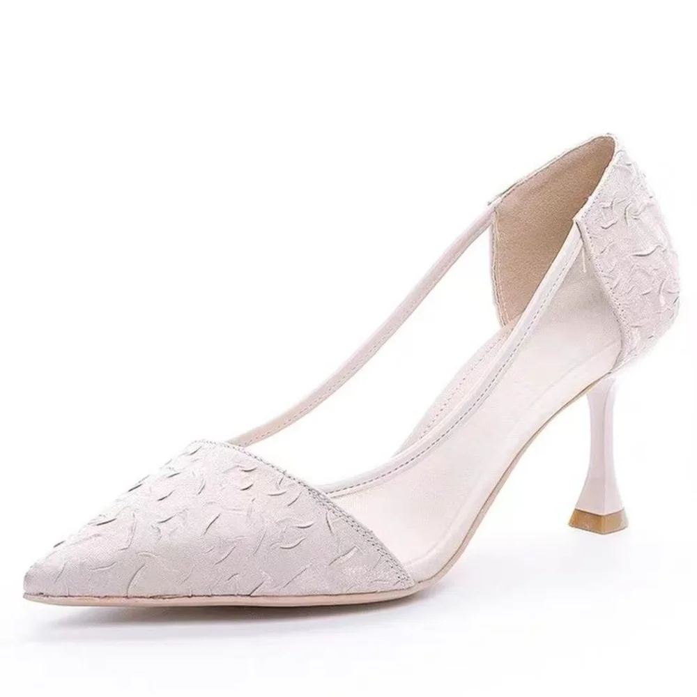 Luxe Embossed Sheer Mesh Pumps Pointed Toe Stiletto Heel Floral Detail Dressy Evening Party Shoes Soft Cushioned Backless Slides