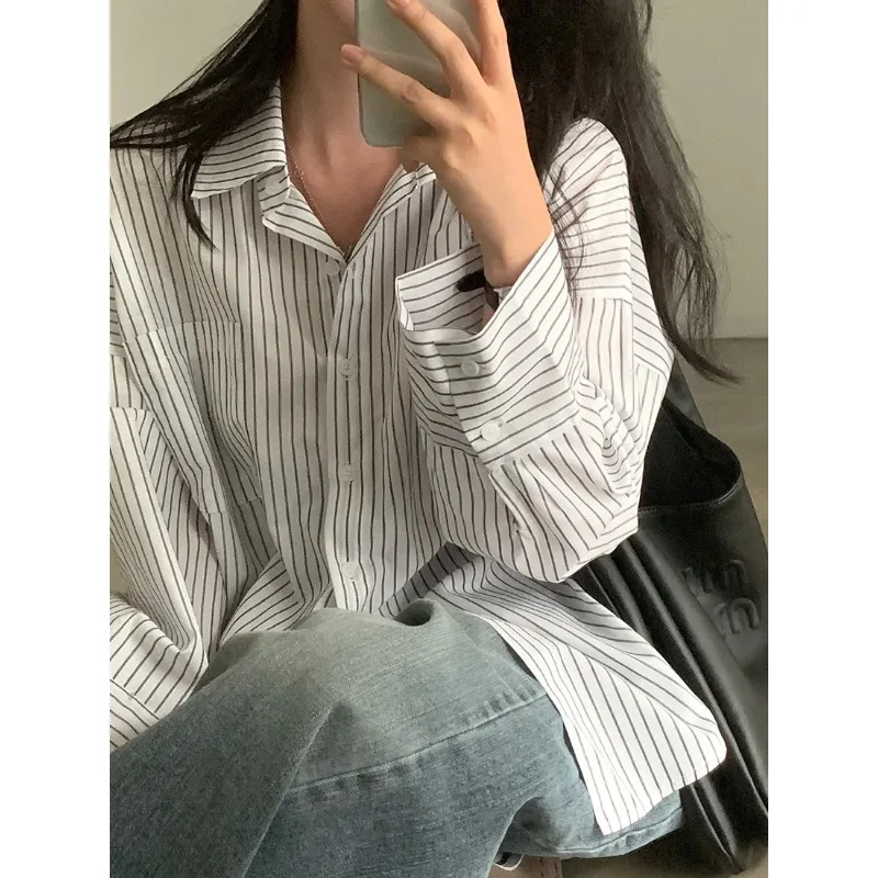 

Vintage Chic Striped Loose Long Sve Single Button ket irt Age Reduction Trend for Women Autumn Faion Ladies irt