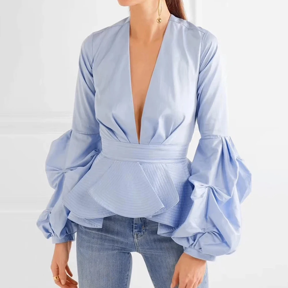 TWOTWINSTYLE Solid Patchwork Ruffles Elegant Blouses For Women V Neck Long Sleeve Spliced Folds Slimming Shirt Female Fashion