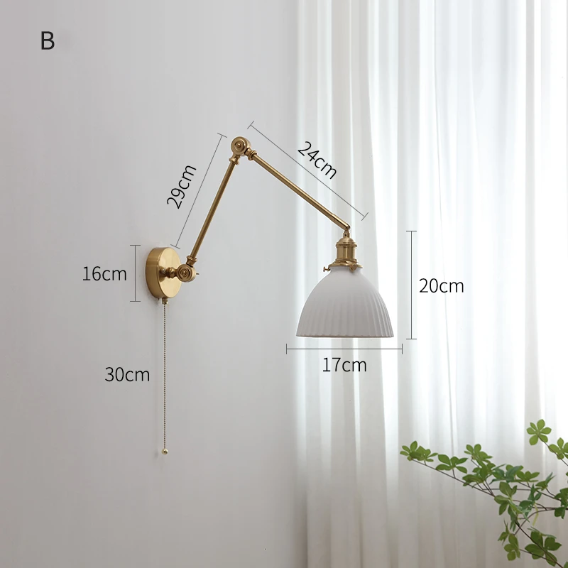 IWHD Pull Chain Switch LED Wall Lights Sconce Up And Down Copper Swing Long Arm Ceramic Lampshade Nordic Modern Wandlamp Lampara