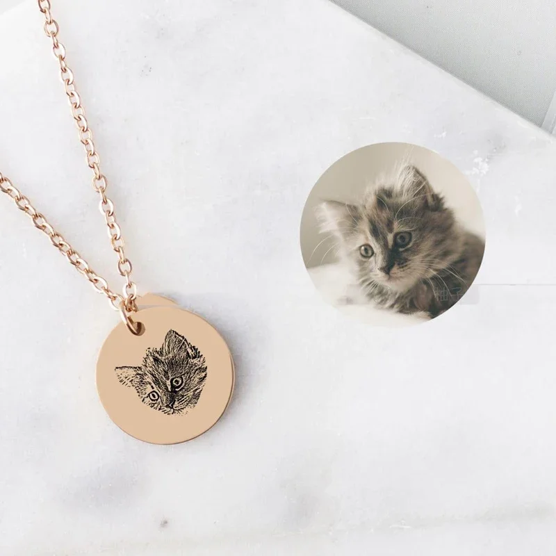 Personalized Stainless Steel Engraved Pet Photo Pendant Necklace Custom Name Dog Cat Necklace DIY Gift