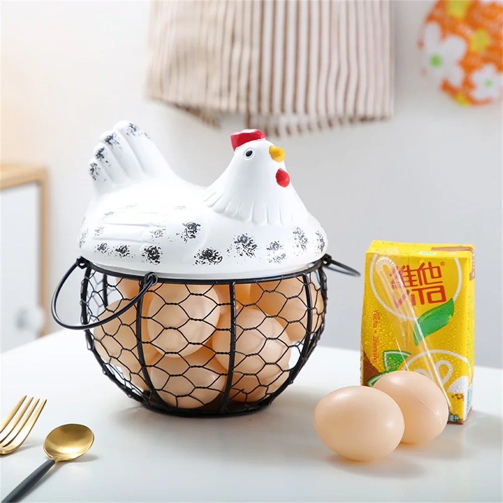

Egg Holder Iron Chicken Shape Ceramic Hen Ornament Fruit Storage Basket Durable