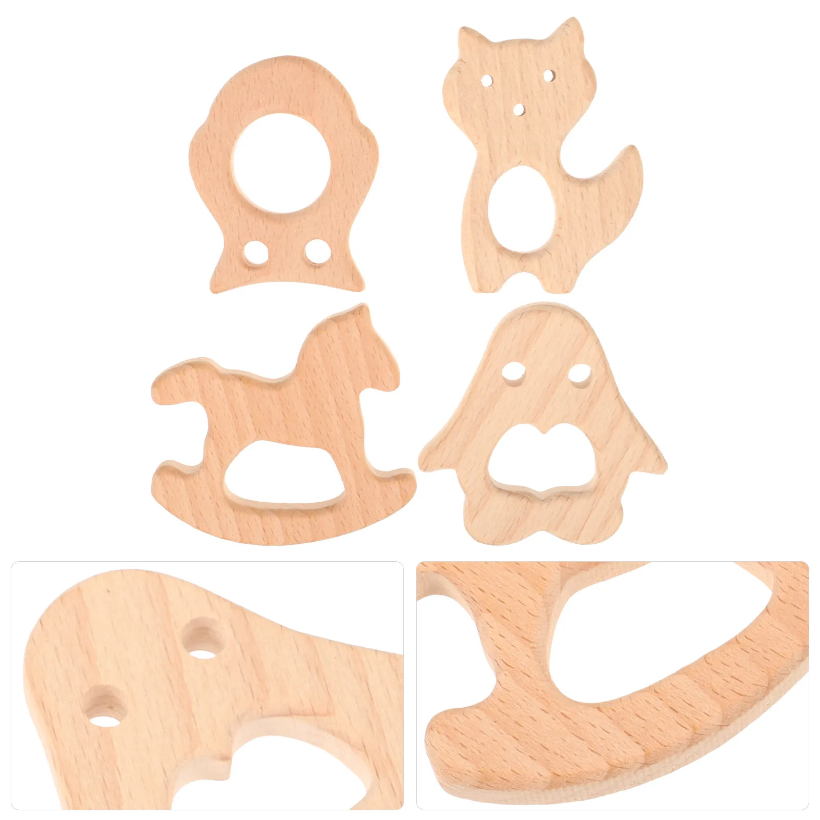 4Pcs Beechwood Teether Set Animal Shaped Teethers for Infant Toddler Penguin Owl Cat Hobbyhorse Soothe Gums Enhance Recognition