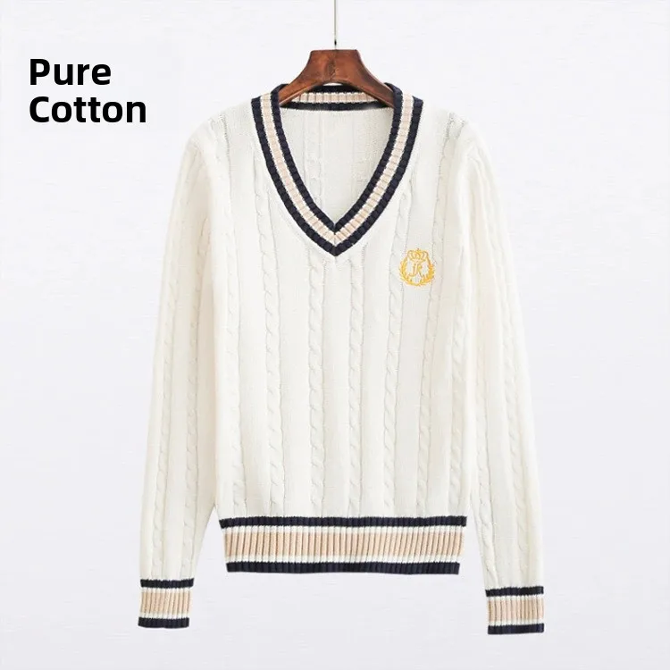 

Pure Cotton V-Ne Knitted Sweater Women's Full Cotton Striped Workwear Japanese Sle College Campus JK Sweater Twist Autumn...