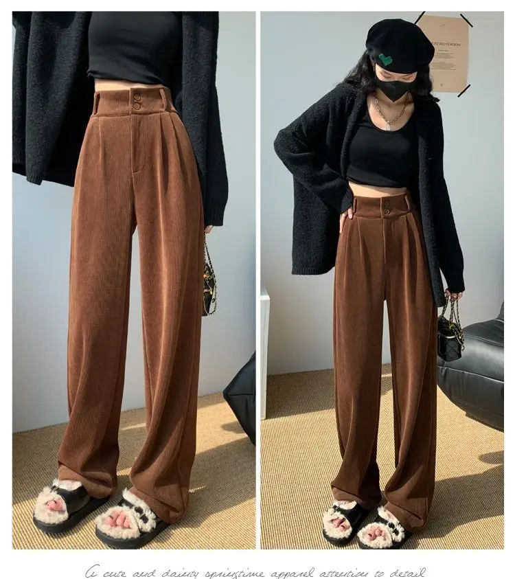 Calça casual feminina de veludo de cintura alta, calça reta de perna larga, moda feminina velo quente, outono e inverno