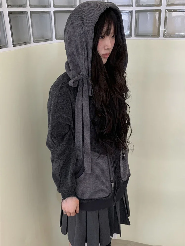 Korean Y2k Aesthetics Patchwork Hoodies Women Tops Harajuku Drawstring Sweatshirt Casual Oversized Double Zippers Streetwear