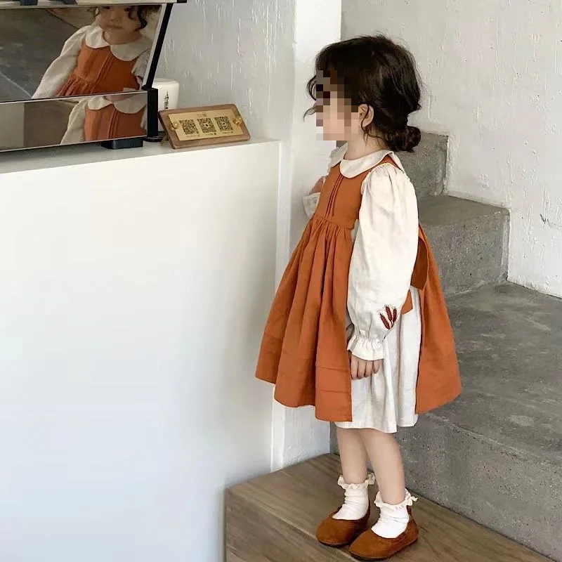 Children Clothing Girls Set Mori Waist Apron Embbroidered Dress Princess 2024 New Fashionable Spring and Summer Casual Dress