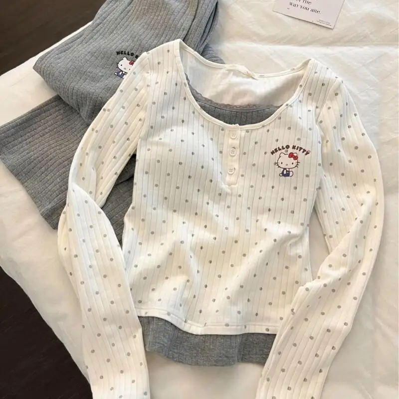 

Sanrio Hello Kitty Cartoon Pajamas Set Cotton Women Home Outdoor Polka Dot Faux Two Piece with Built In Bra Casual Spring Autumn