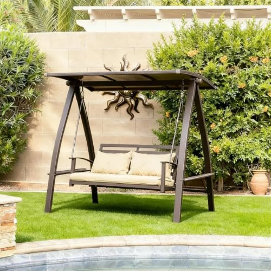 

2-Seat Porch Swing with Adjustable PVC Canopy Metal Patio Bench Glider Swing Bed Outdoor Swing Chair with Stand and Side Cup Ho