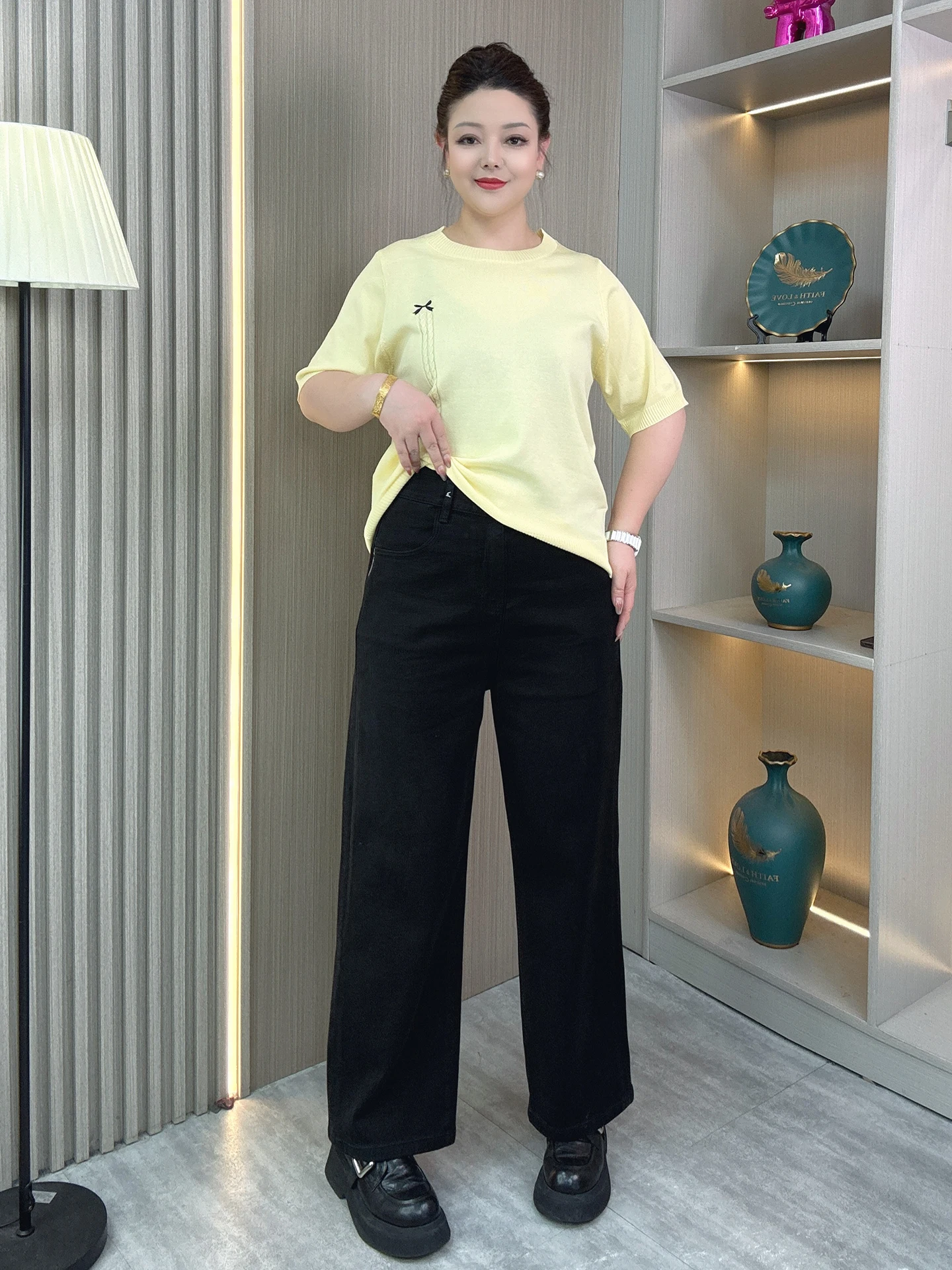 

Джинсы черные прямого кроя с высокой талией, больших размеров, женские, повседневные, эластичные, универсальные, свободного кроя, весна-осень, новинка