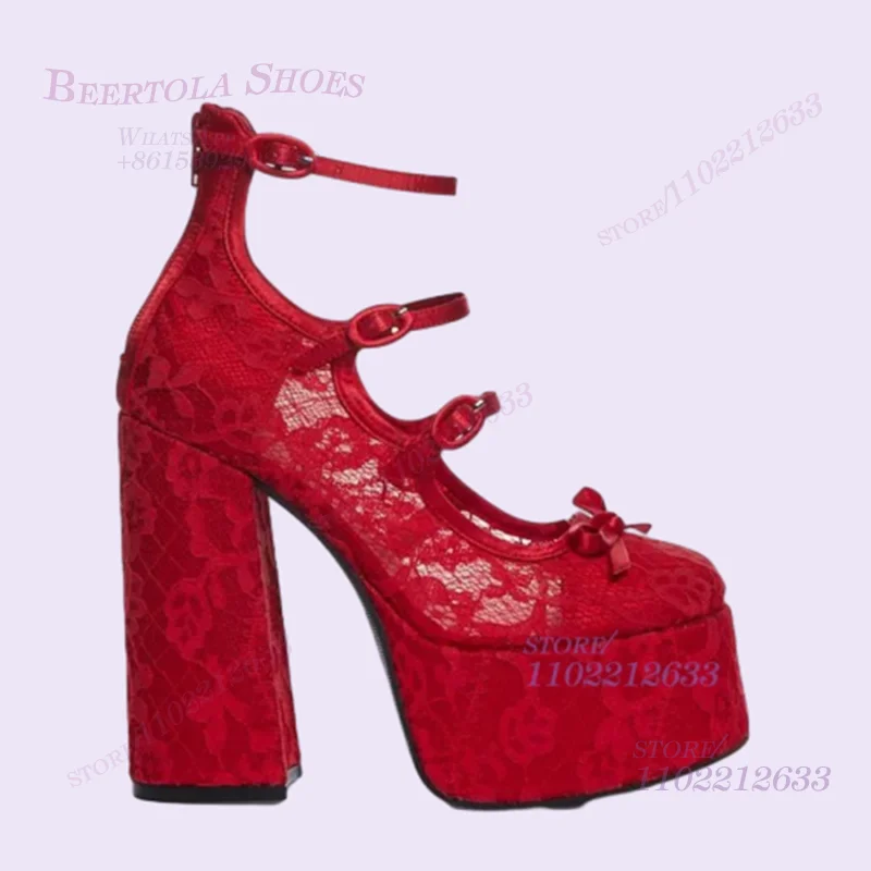 Bright Red Mesh Lace Flower Sexy Sandals Women Platform Buckle Stripes Hollow Chunky Heels Round Ballet Bow Elegant Party Shoes