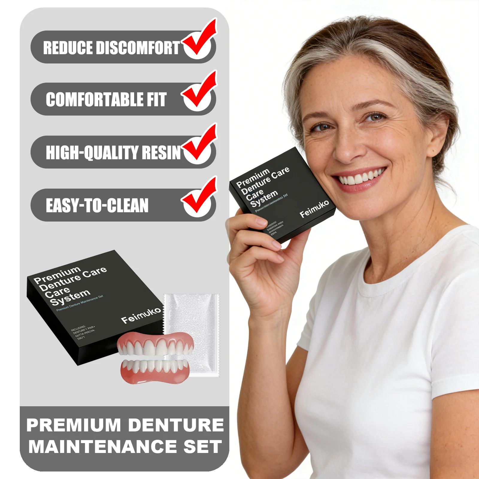 

Набор протезов Feimuko премиум-класса. Материал из мягкой смолы. Идеально подходит. Уменьшает дискомфорт. Легко чистится. Восстанавливает естественную улыбку.