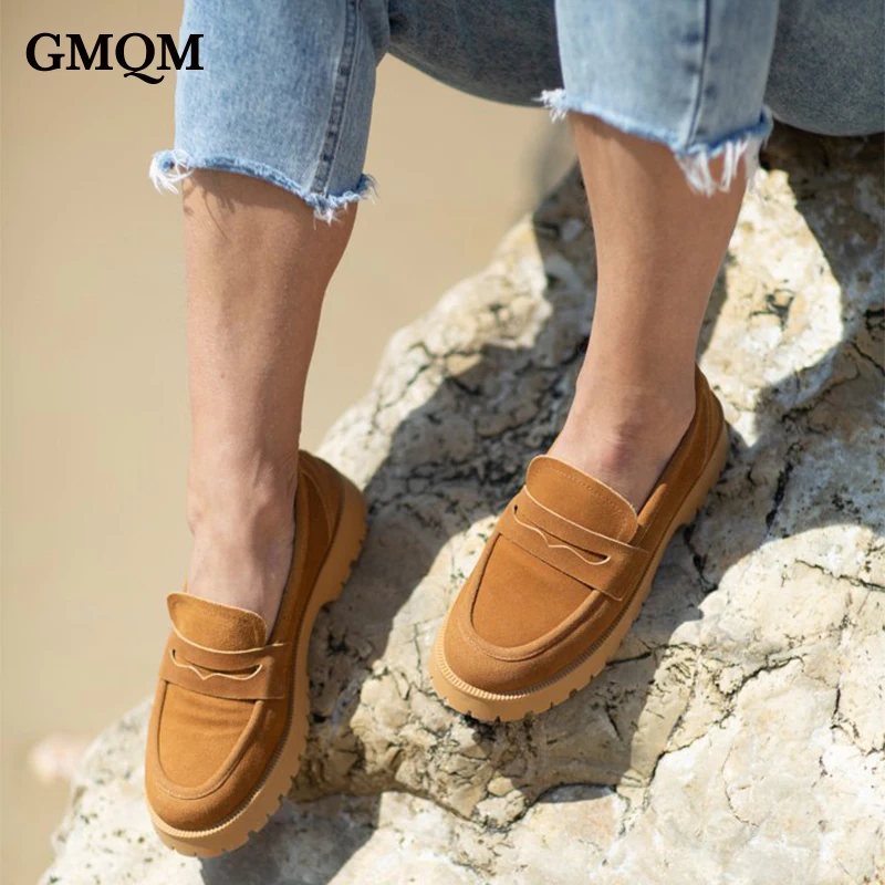 GMQM Brand Fashion Women Genuine Leather Pumps New Classic Platform Loafers Shoes Slip-On High Quality Walking Shoes Office Lady