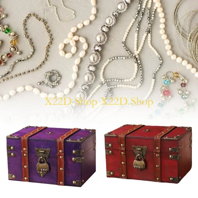 X22D Decorative Wooden Box for Jewelry and Private Belongings Elegant Chest with Small Metal Lock Office Decoration