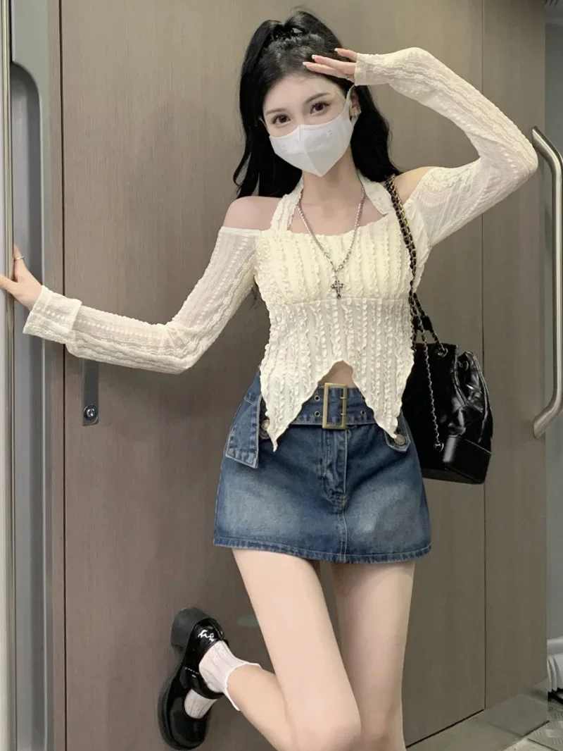 2025 Blouse femmes Slash cou à manches longues tunique chemises mode plis irréguliers culture hauts été Blouses Sexy 2025 Blusas De Mujer