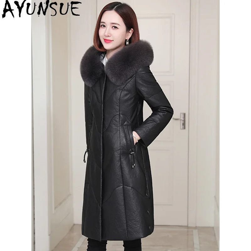 AYUNSUE Kurtka puchowa z prawdziwej skóry damska, średniej długości płaszcz z owczej skóry, zimowe ubrania damskie, kołnierz z futra lisa, Jaqueta De Couro