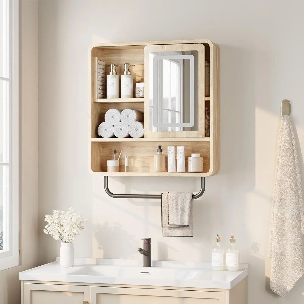 

Bathroom Wall Cabinet with Sliding Mirror Door, Modern Medicine Cabinet with Lights, Wall Cabinet with Towel Bar, Customized