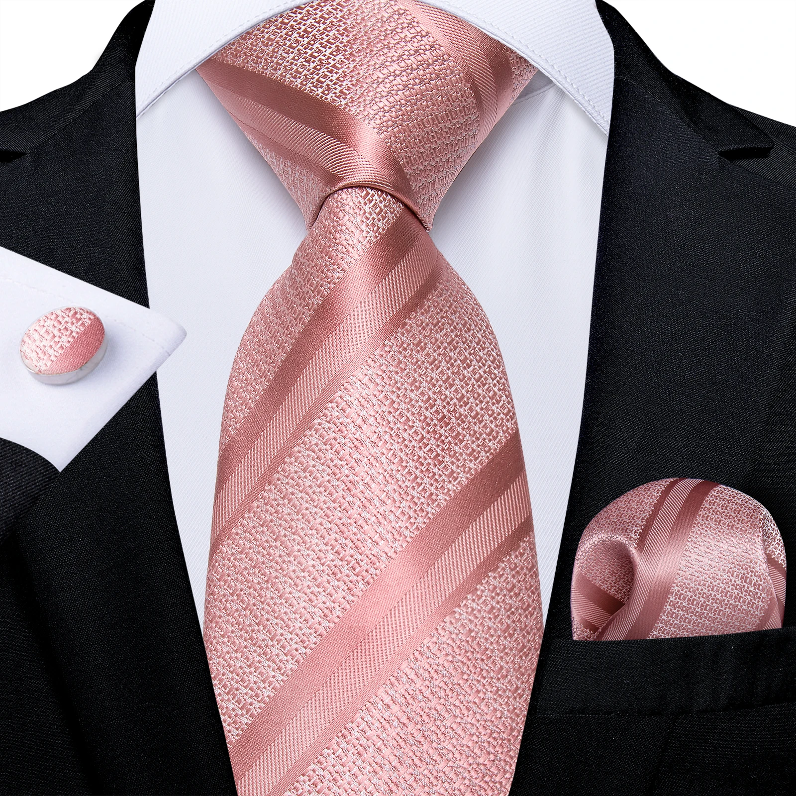 Rosa kariertes Paisley-gestreiftes, solides Business-Hochzeitskrawatten für Männer, Bräutigam-Accessoires, 8 cm Krawatten-Set, Taschentuch, Manschettenknöpfe, Geschenk – Detail 12