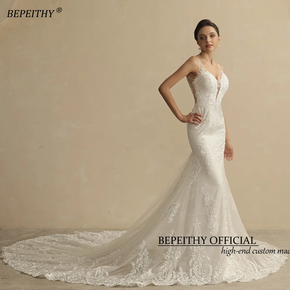 BEPEITHY Customized Real Image Mermaid Lace Wedding Dress For Women Court Train Sleeveless V Neck Open Back Vintage Bridal Gown