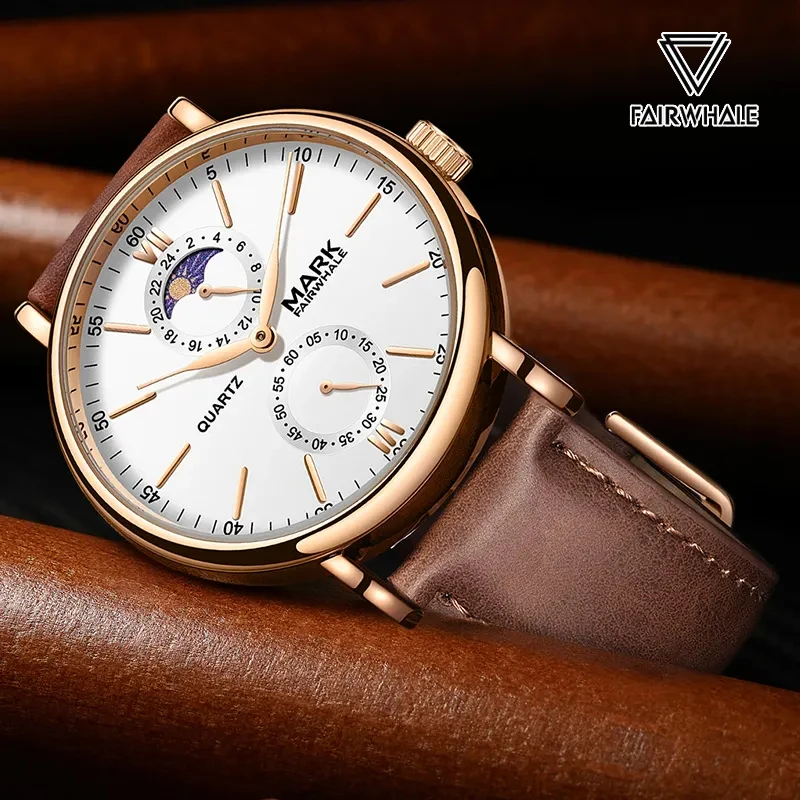 Mark Fairwhale-Reloj sencillo de lujo para hombre, pulsera de cuarzo resistente al agua con correa de cuero marrón, fase lunar, 2023