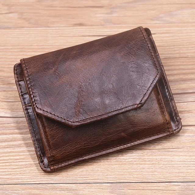 Portfel męski z prawdziwej skóry z blokadą RFID, oryginalna skóra bydlęca, krótki portfel męski w stylu vintage z przegródkami na karty, okienkiem na identyfikator i kieszonką na monety.