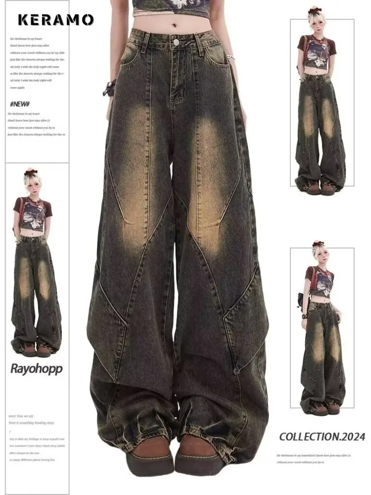 Pantalones vaqueros Retro holgados de pierna ancha para mujer, Vaqueros informales Harajuku lavados de cintura alta, pantalones holgados con bolsillos de los años 2024 para verano 2000