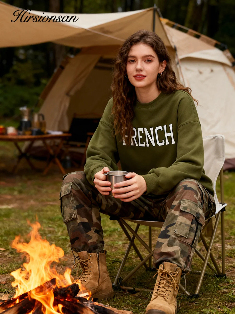

Hirsionsan O-Neck Fleece "FRENCH" Letter INS Sweatshirt Women 2025 Fall New Arrival