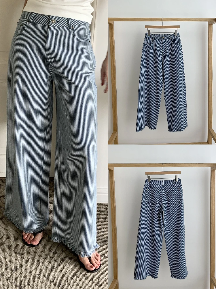 

Джинсы с высокой талией и широкими штанинами, повседневные, с вертикальными полосками, простые, универсальные, свободного кроя, летние длинные брюки для женщин