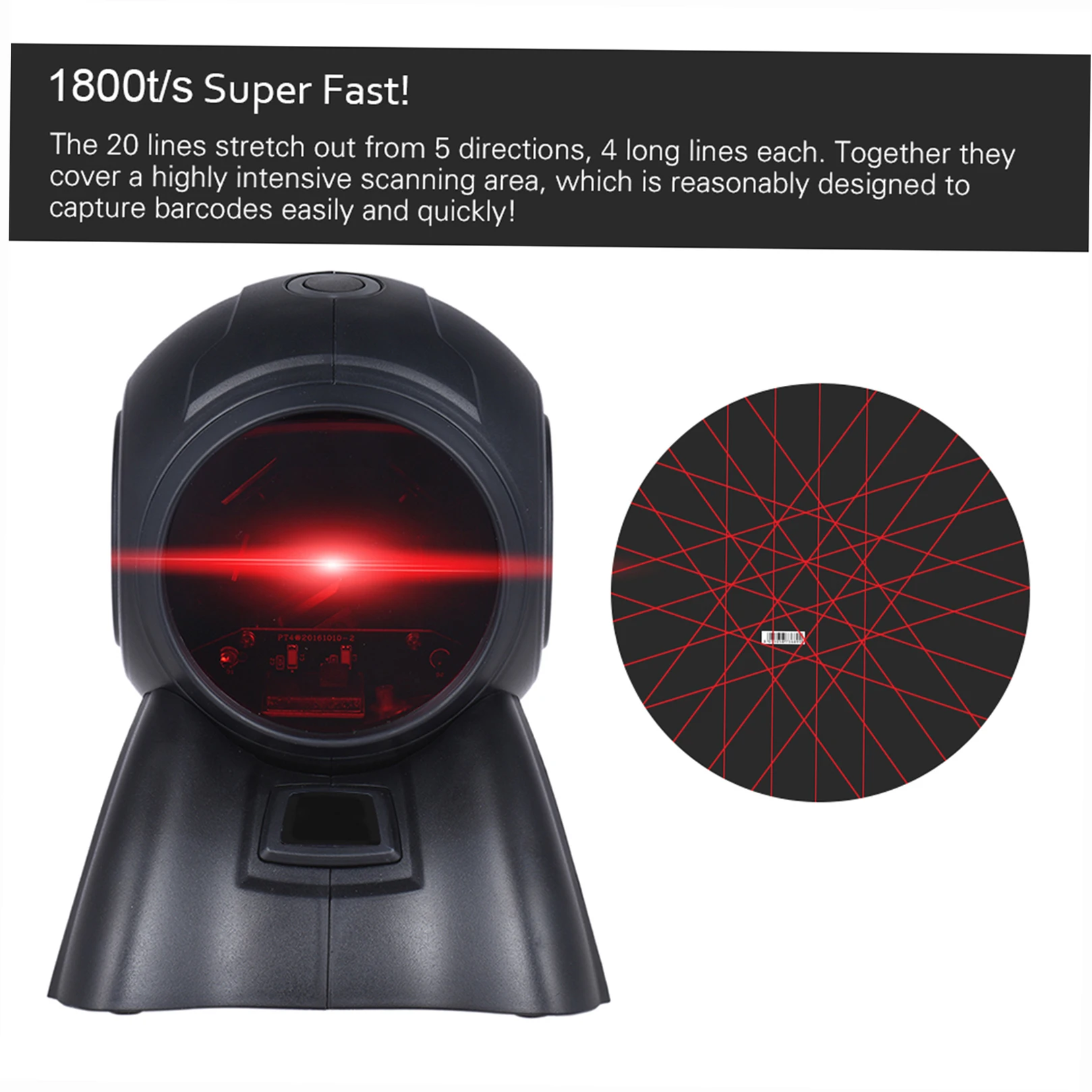 Omni-direcional Orbit Barcode Scanner, Auto Scanning, USB Reader, 30 ° cabeça ajustável, 1D, 1800 T/s de velocidade, 20 linhas