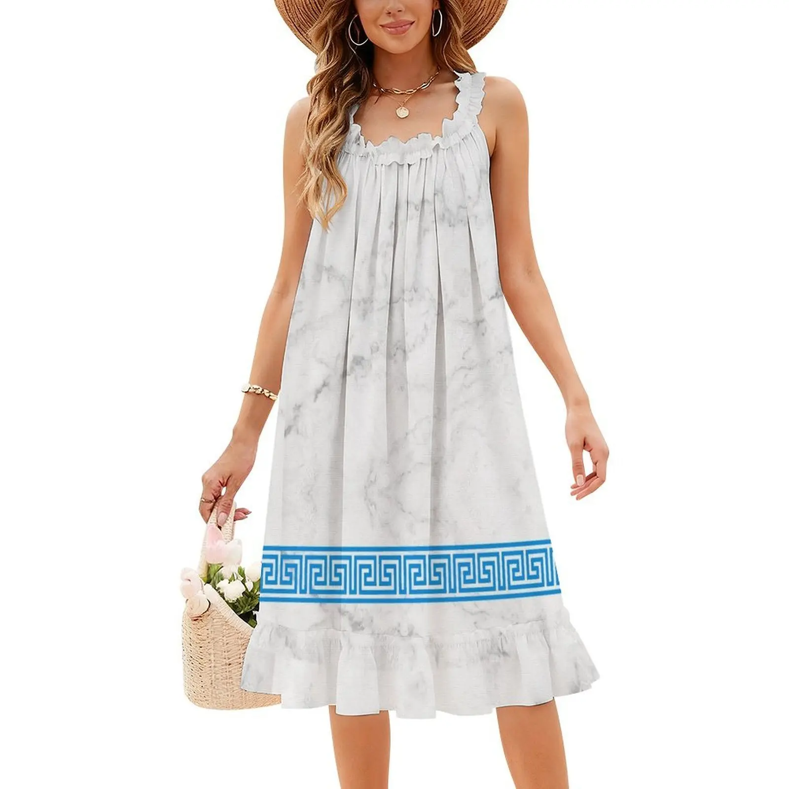 Vestido sin mangas bohemio de mármol griego, vestido de fiesta de vacaciones en la playa con estampado múltiple, mitología de la Grecia de mármol, Atenas griegas para mujer