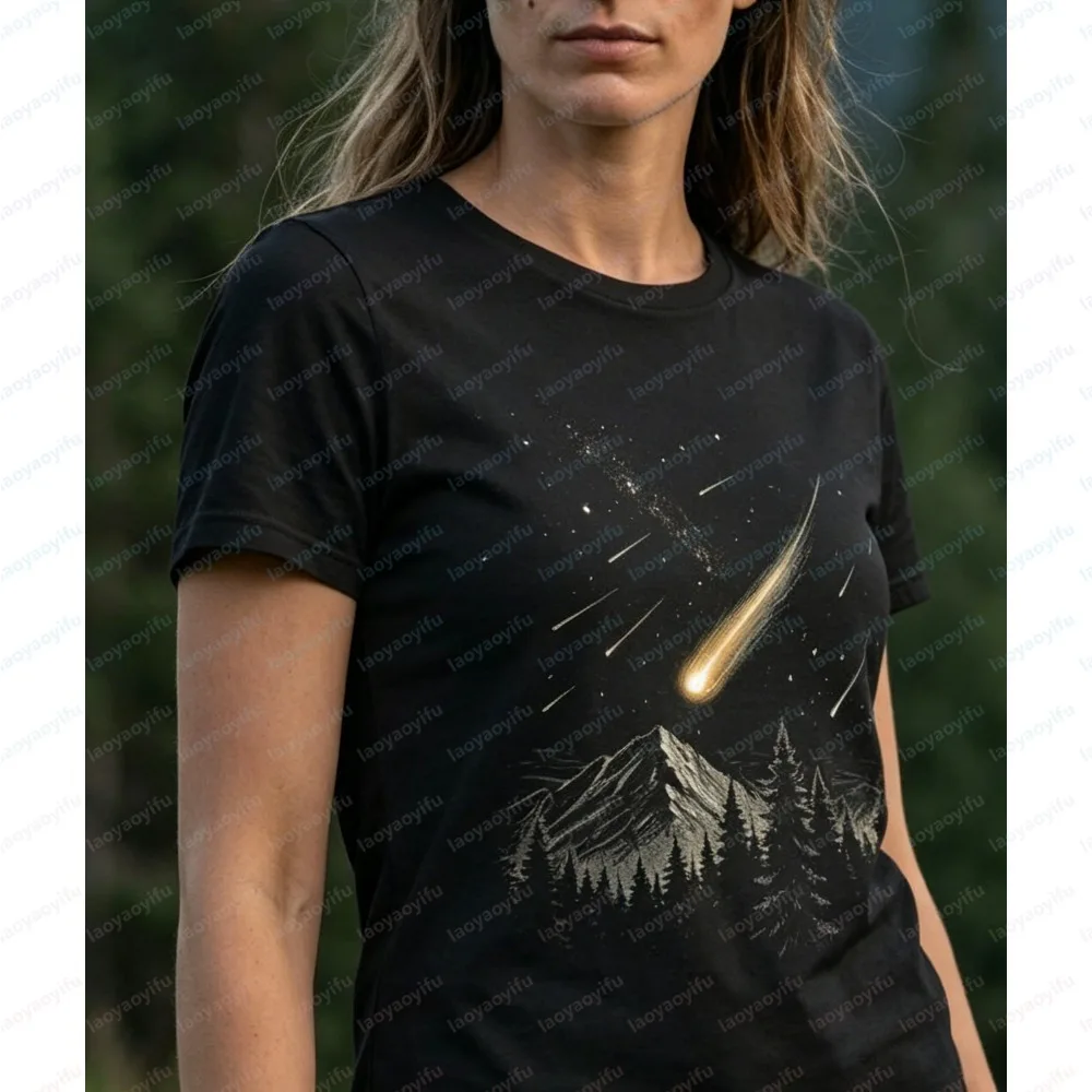 Fashion Unisex Summer Short Sleeve T-Shirt Starry Sky Mountain Forest Meteor Print Comfort Cotton Tee Nature And Camping Lovers