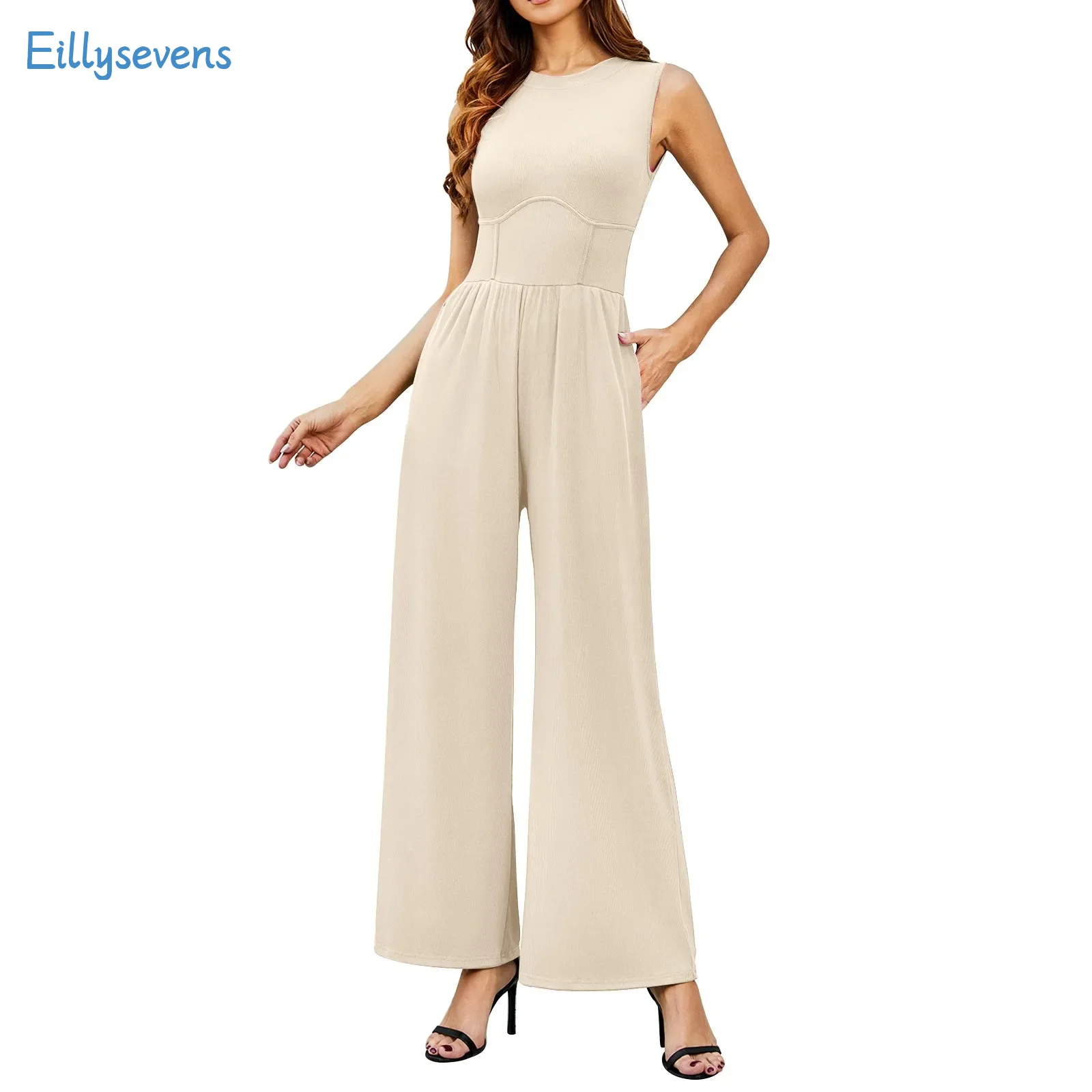 

Women High Waist Jumpsuits Causal Solid Color Sleeveless Wide Leg Tank Jumpsuits Elegant All-Match Straight Rompers With Pockets