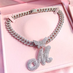 Iced Out Cuban Link Chain Butterfly Letter Necklace for Women Bling Silve Color Initial Miami Name Necklace Birthday Jewelry