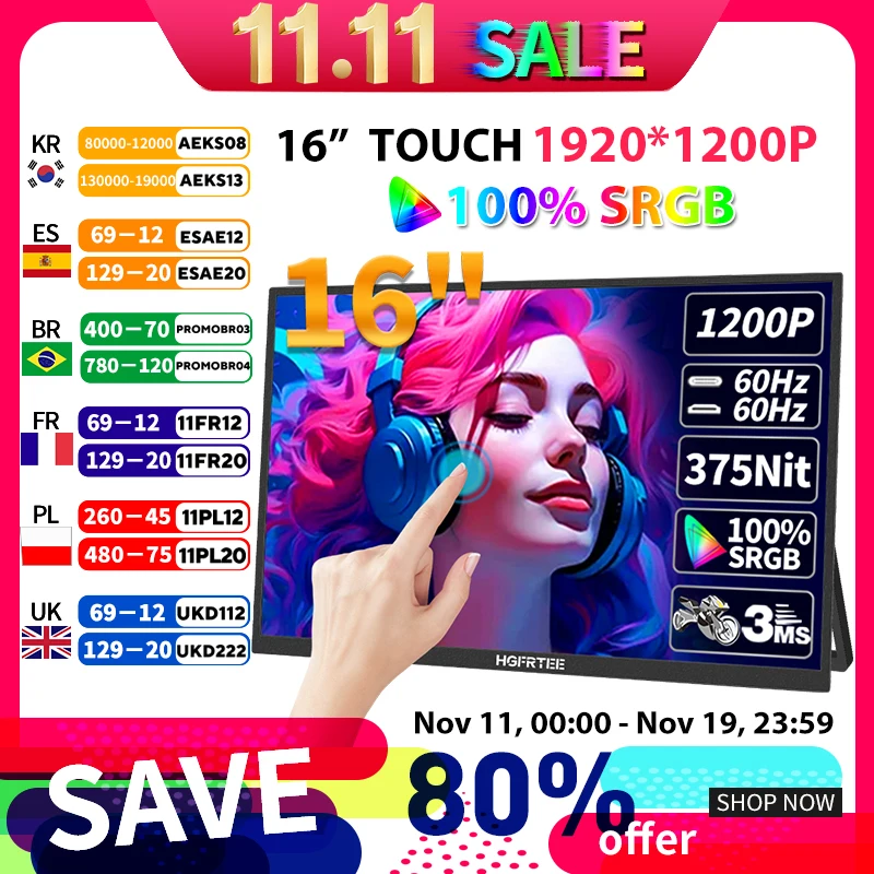 

HGFRTEE 16-дюймовый сенсорный портативный монитор 16:10 96%sRGB 350Cd/m2 второй экран для ноутбука с подставкой-держателем Type-C HDMI-совместимый