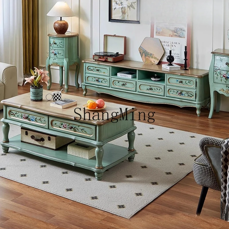 

FG painted TV cabinet coffee table combination retro small apartment household living room solid wood floor cabinet locker