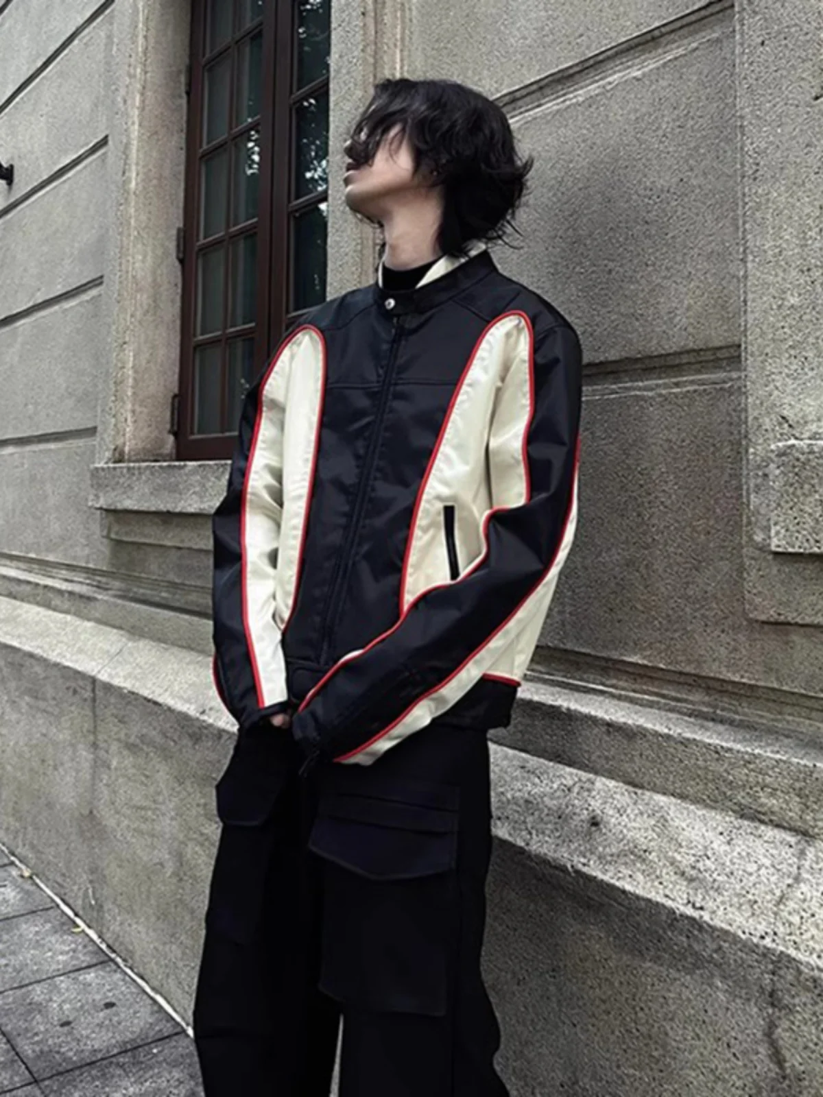 

Мужская мотоциклетная куртка High Street Color Block в американском ретро-стиле, новинка 2024 года, с длинными рукавами, на молнии