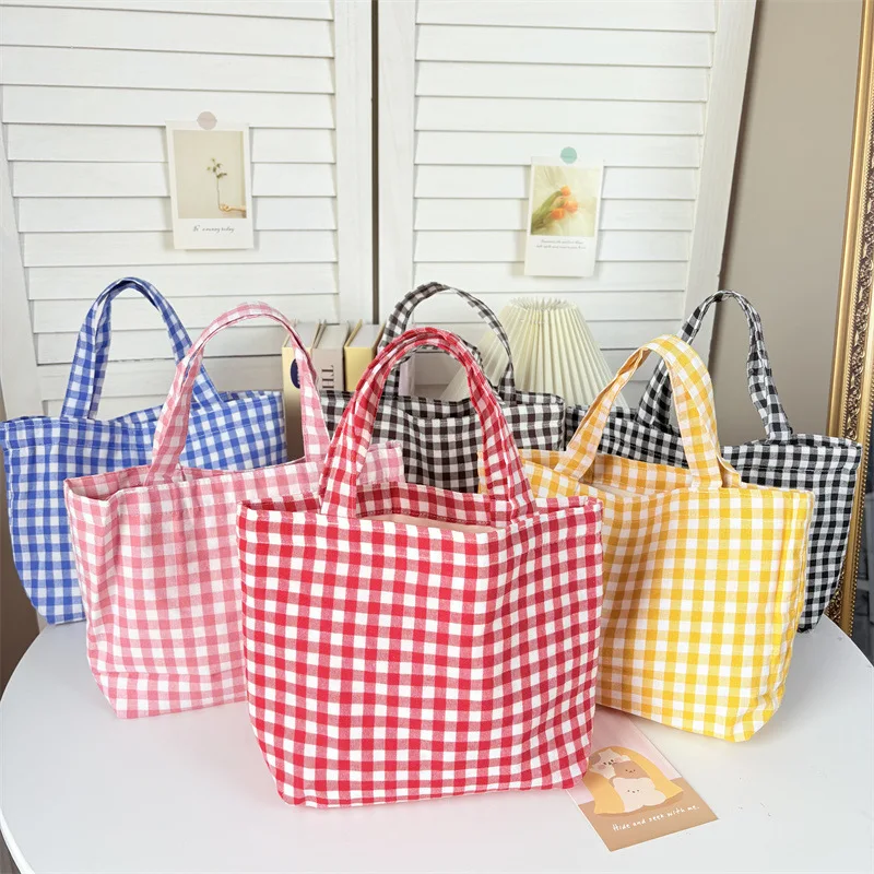 Portable Women's Bento Handbags Simple Plaid Ladies Small Tote Purse Shoulder Bags Retro Female Cloth Reusable Shopping Bag