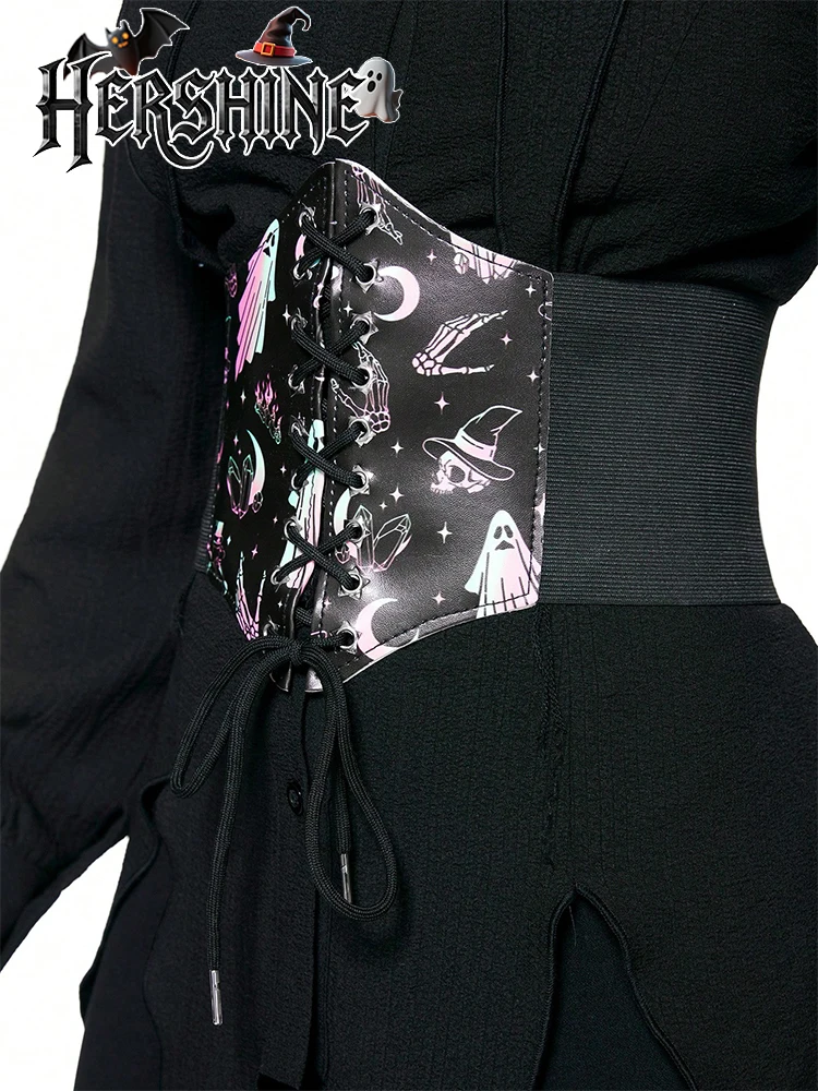 เข็มขัดหกเหลี่ยมพิมพ์ลายผีหลากสีสันสำหรับผู้หญิง HERSHINE 1 ชิ้น สไตล์โกธิค Y2K เหมาะสำหรับชุดเดรสและเครื่องประดับฮาโลวีน